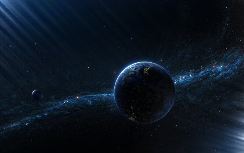 Planet and Moon in Space — Blue