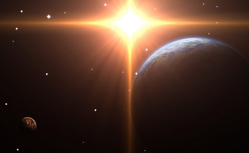 Planet and Moon in Space — Orange, Dramatic