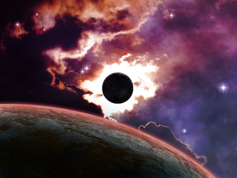 Planet and Moon in Space — Purple, Dramatic