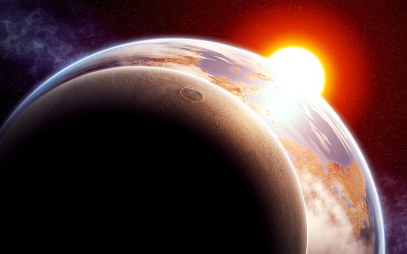 Planet and Moon in Space — Red