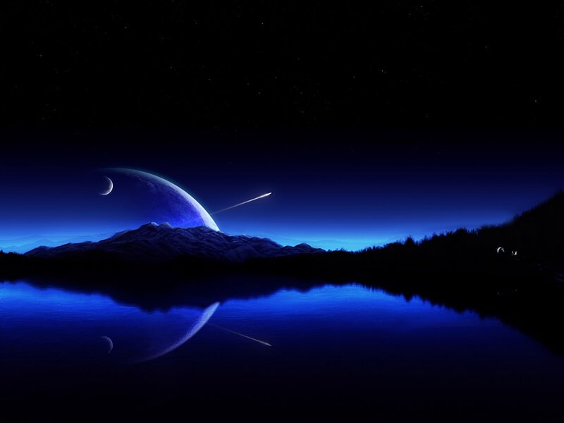 Planet and Moon over Lake — Blue, Serene