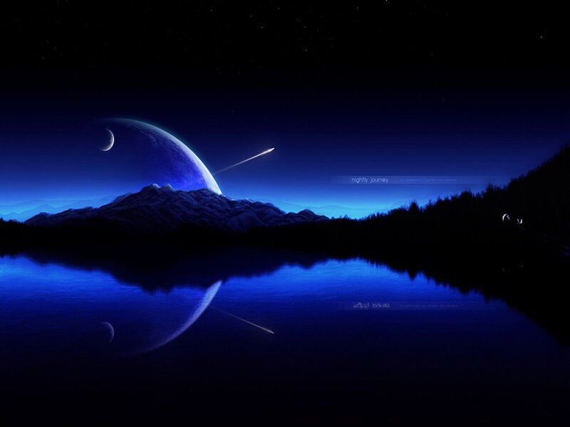 Planet and Moon over Lake — Blue