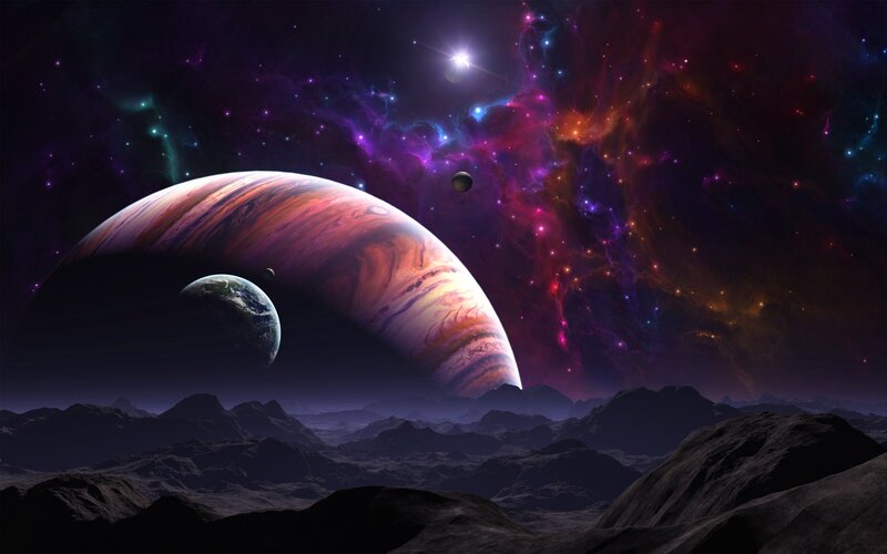 Planet and Moons in Space — Purple, Dramatic, Night, Digital Art, Nebula
