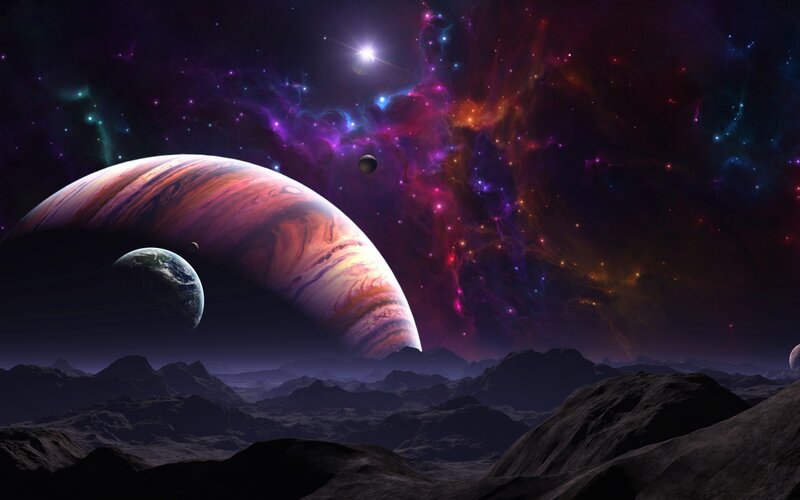 Planet and Moons in Space — Purple, Dramatic, Night, Digital Art