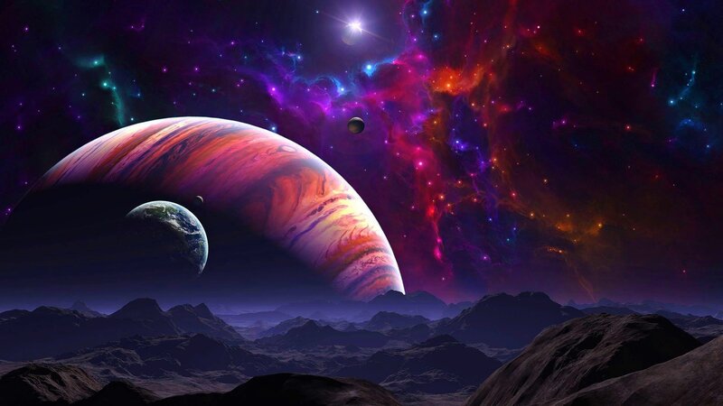 Planet and Moons in Space — Purple, Dramatic, Night