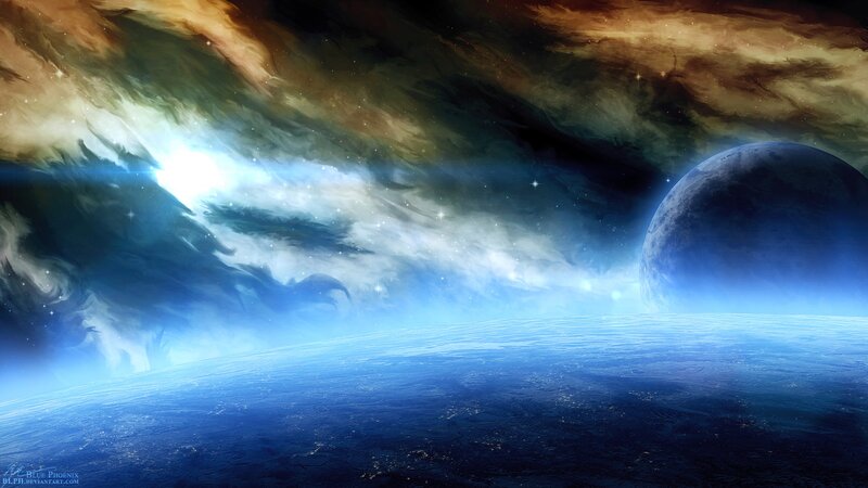 Planet and Nebula in Space — Blue, Dramatic, Digital Art, Stars, White
