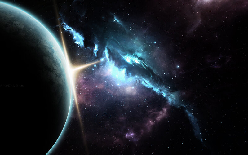 Planet and Nebula in Space — Blue, Dramatic, Digital Art