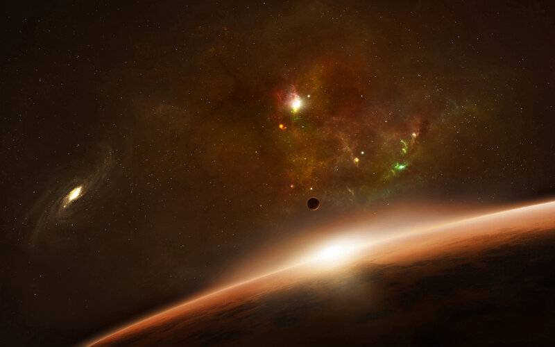 Planet and Nebula in Space — Brown, Dramatic