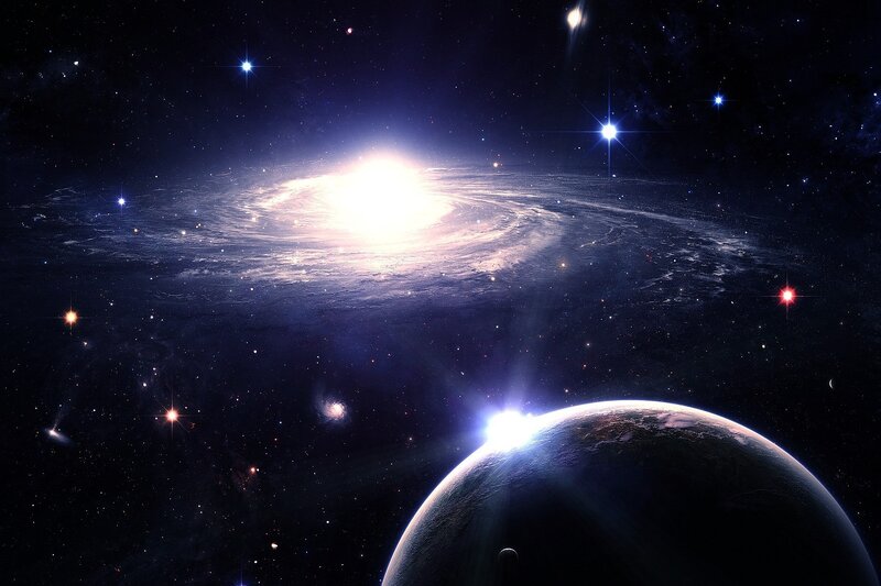 Planet and Spiral Galaxy — Black, Dramatic, Night
