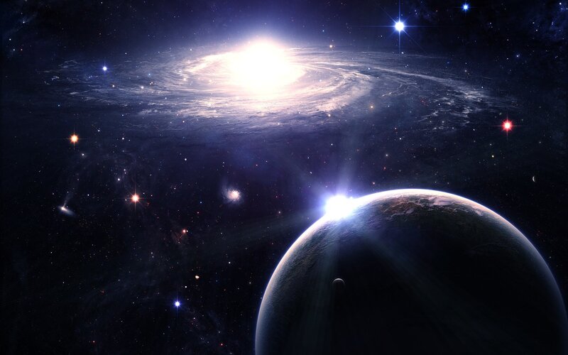 Planet and Spiral Galaxy — Black, Dramatic