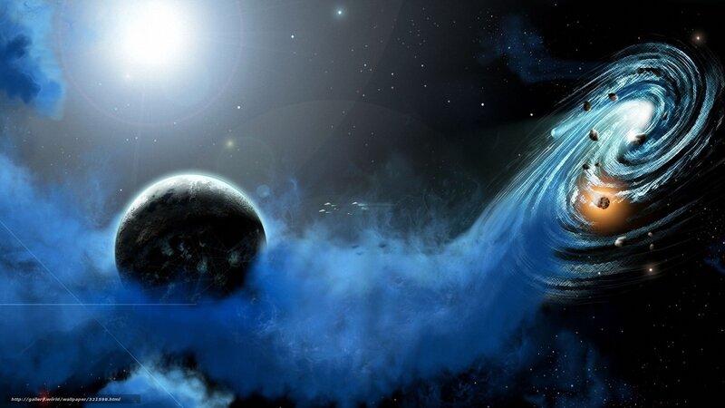 Planet and Spiral Galaxy — Blue, Dramatic, Digital Art