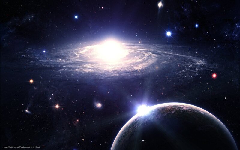 Planet and Spiral Galaxy — Blue, Dramatic, Night
