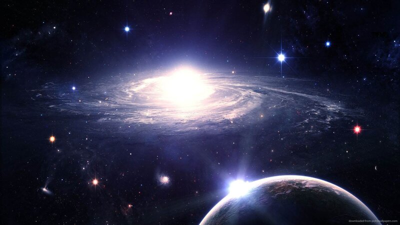 Planet and Spiral Galaxy — Blue, Dramatic