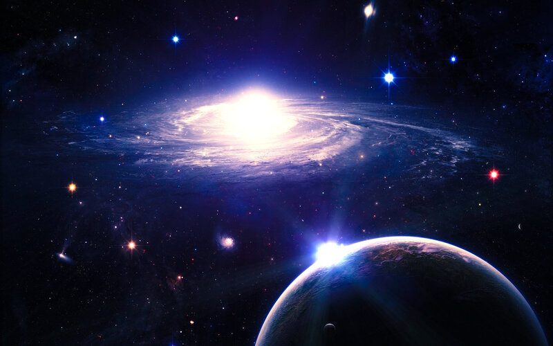 Planet and Spiral Galaxy — Blue