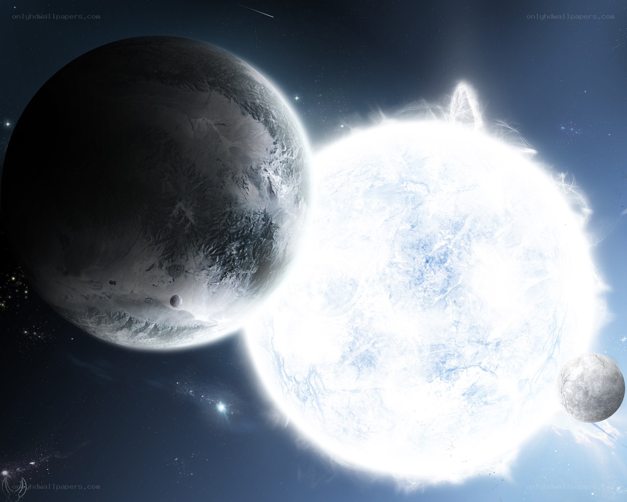 Planet and star in space