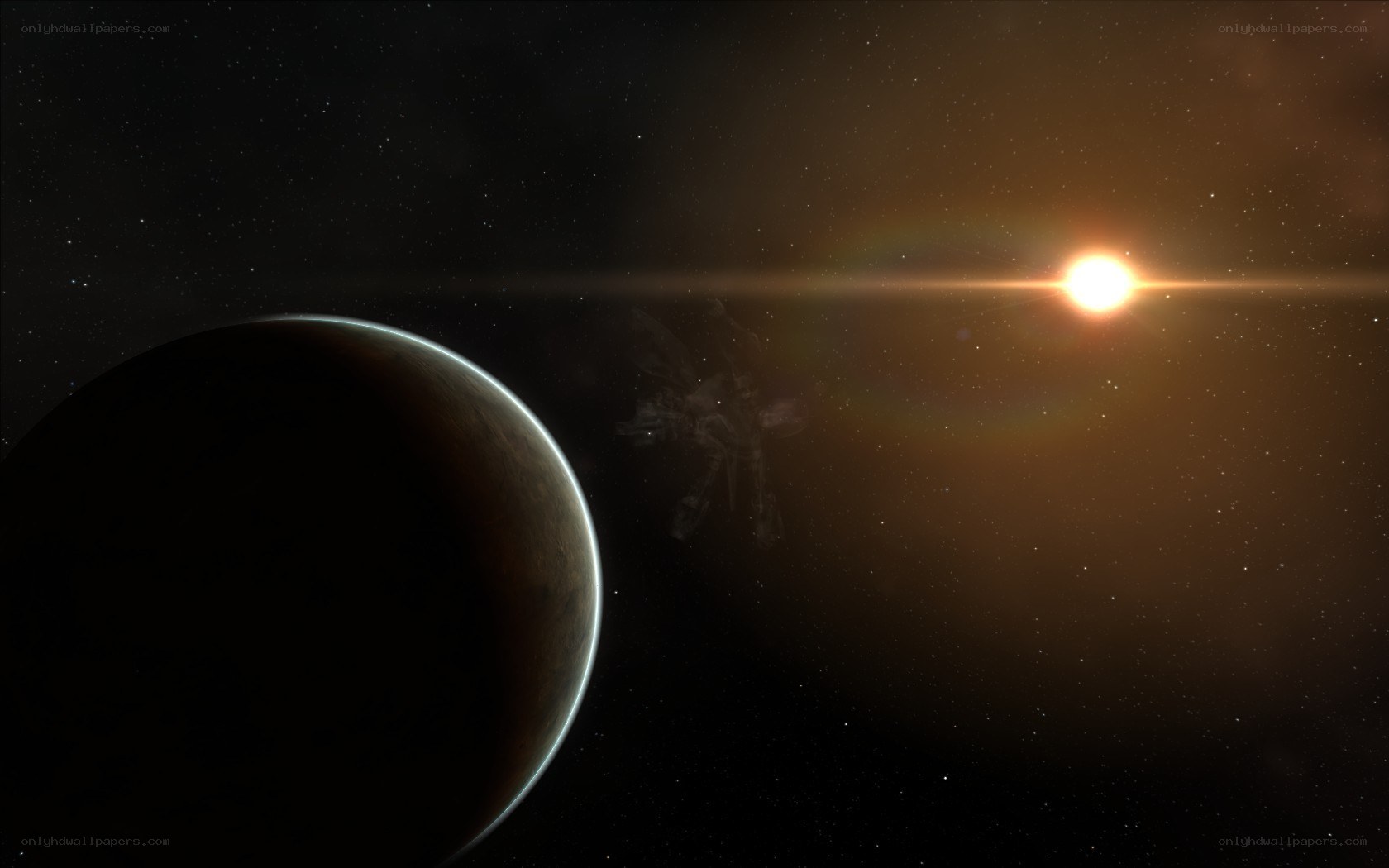 Planet and star in space