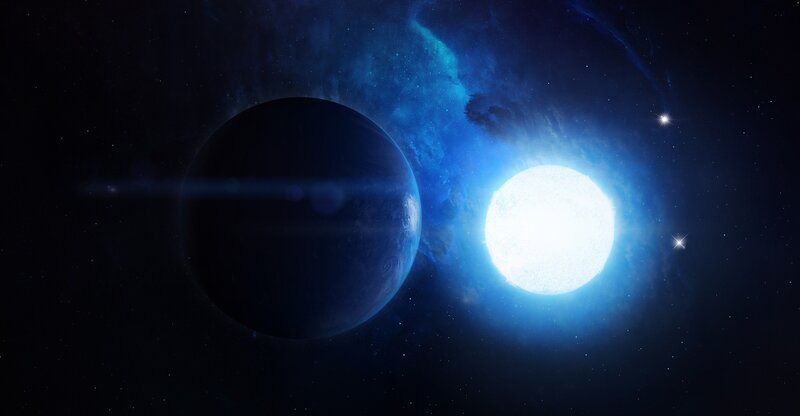 Planet and Star in Space — Blue, Dramatic, Digital Art