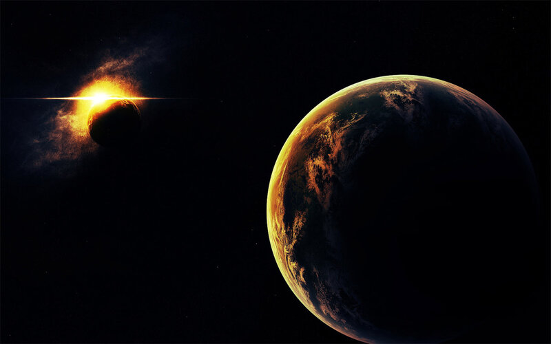 Planet and Star System — Black, Dramatic, Digital Art