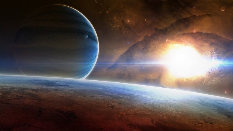 Planet and Star System — Blue, Dramatic, Digital Art, Space