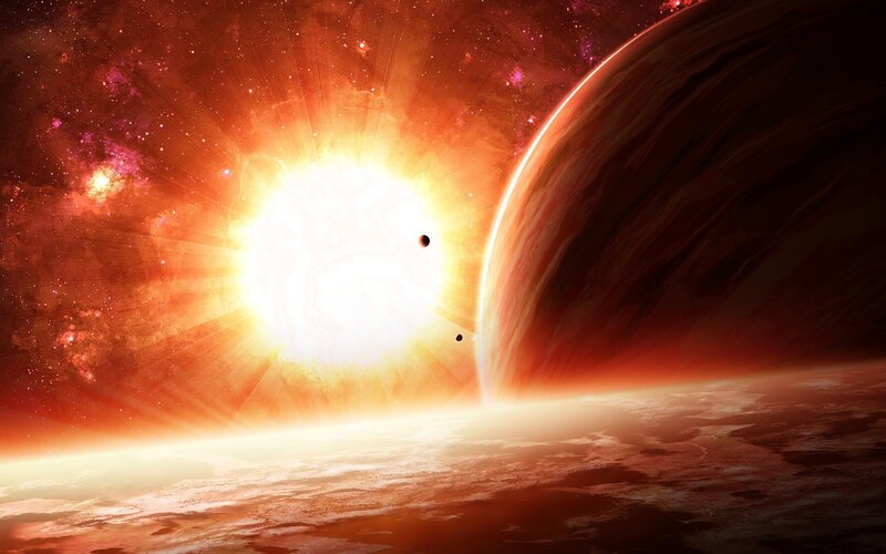 Planet and Star System — Red, Dramatic, Digital Art