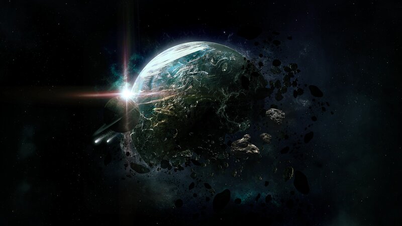 Planet Being Destroyed — Black, Dramatic, Digital Art, Asteroids, Space Debris