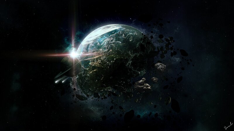 Planet Being Destroyed — Black, Dramatic, Digital Art, Asteroids, Space