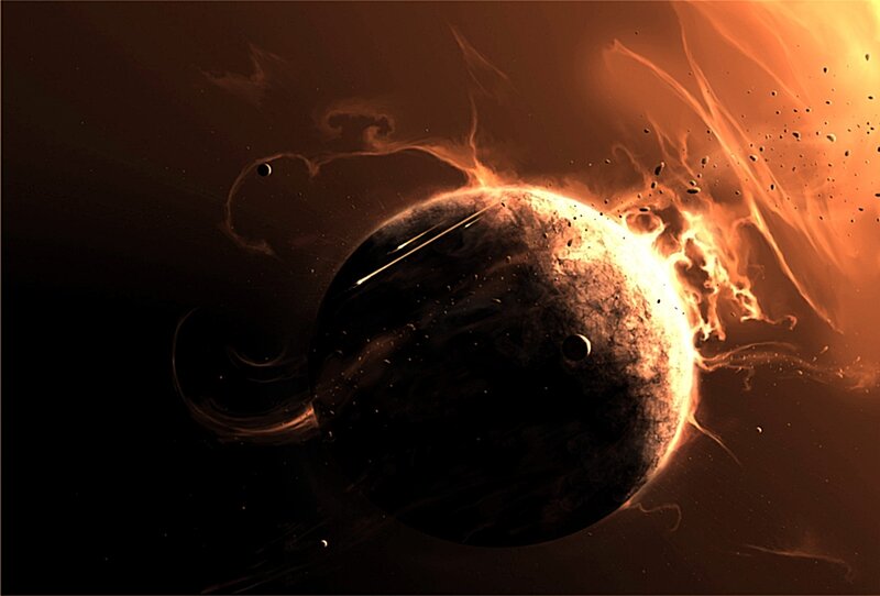 Planet Being Destroyed — Orange, Dramatic, Digital Art, Asteroids, Space
