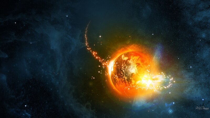 Planet Being Destroyed — Orange, Dramatic, Digital Art