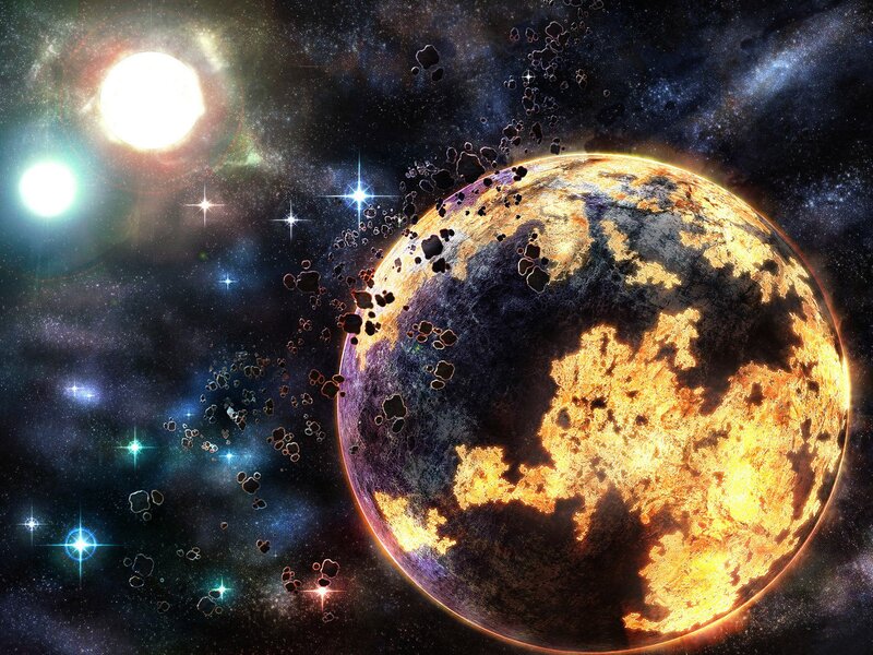 Planet Being Struck by Asteroids — Black, Dramatic, Digital Art