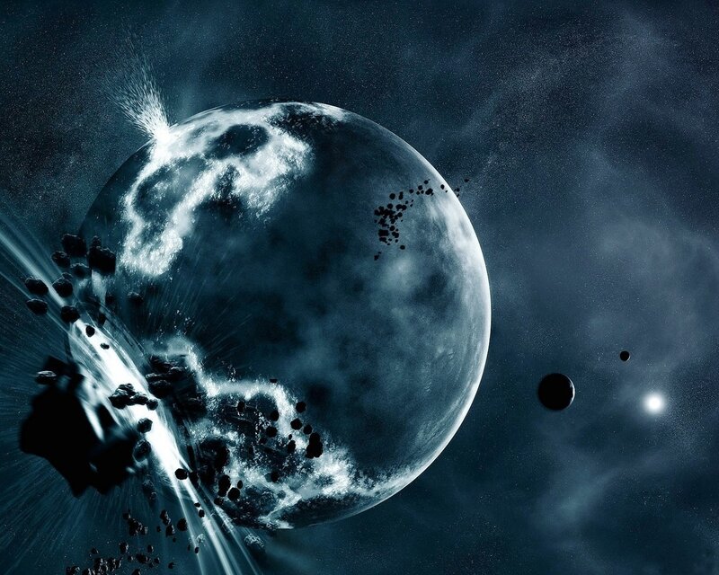 Planet Being Struck by Asteroids — Blue, Dramatic, Night, Digital Art, Space, Explosion, Black, White