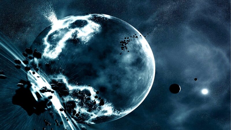 Planet Being Struck by Asteroids — Blue, Dramatic, Night