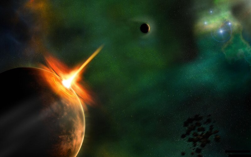 Planet Being Struck by Meteor — Green, Dramatic, Digital Art, Asteroid Belt