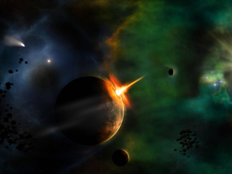 Planet Being Struck by Meteor — Green, Dramatic, Digital Art, Asteroids, Nebula