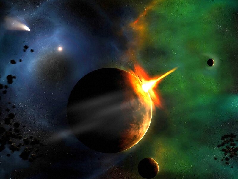 Planet Being Struck by Meteor — Green, Dramatic