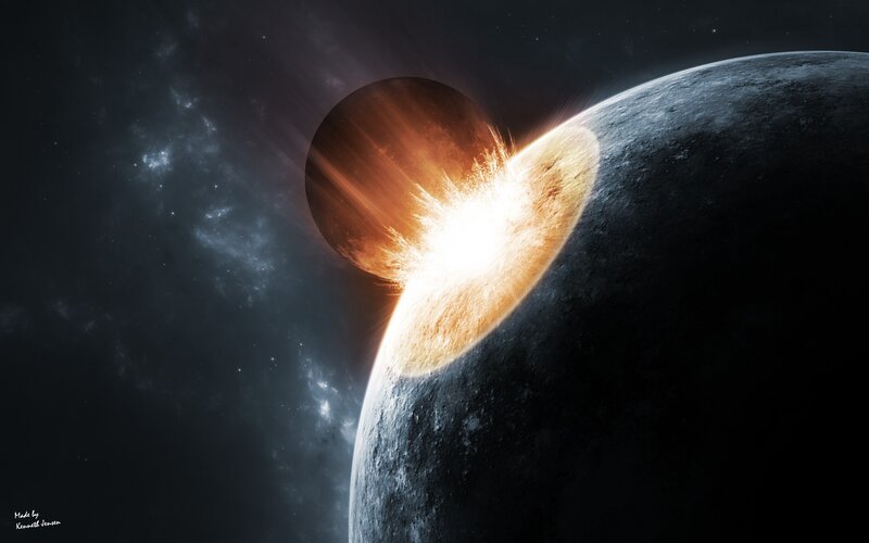 Planet Collision — Black, Dramatic, Digital Art, Asteroid