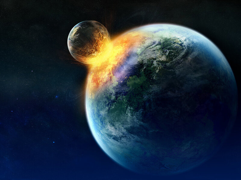 Planet Collision — Blue, Dramatic, Digital Art, Asteroid, Earth