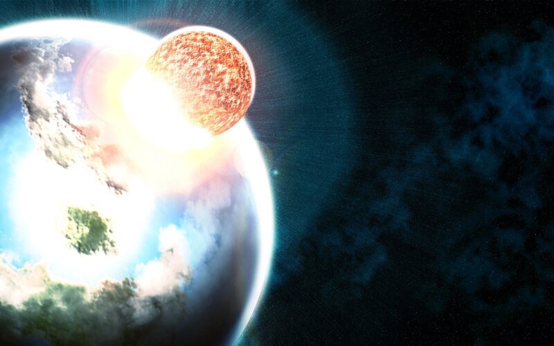 Planet Collision — Blue, Dramatic, Digital Art, Asteroid, Space, White