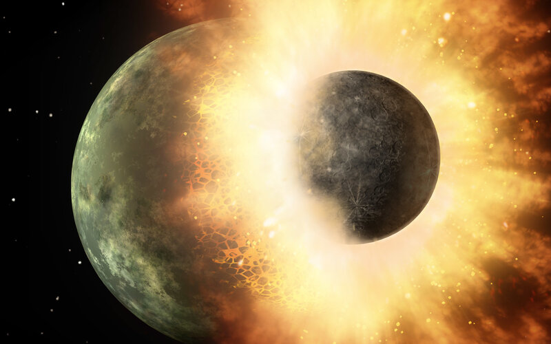 Planet Collision — Orange, Dramatic, Digital Art, Asteroid