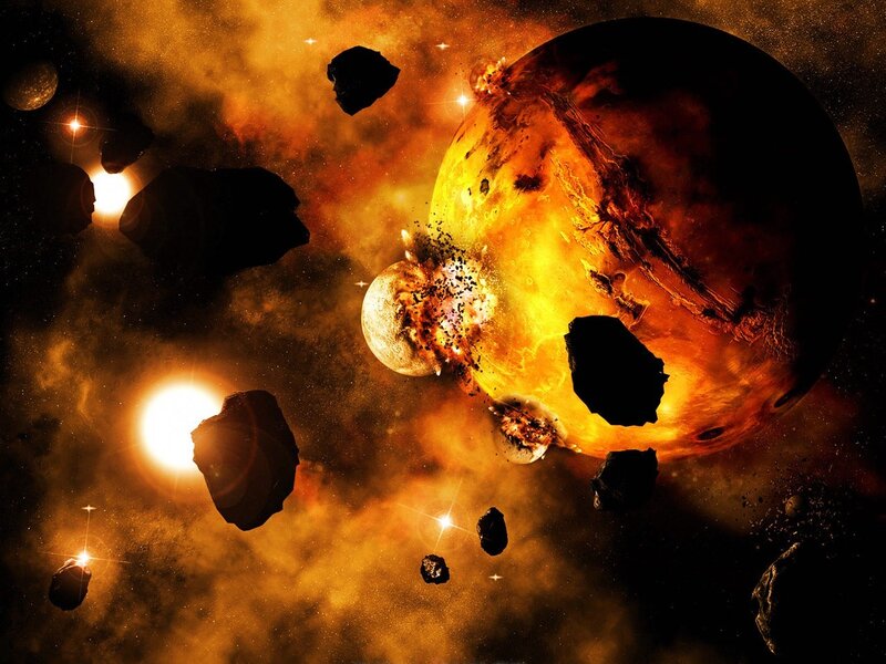 Planet Collision — Orange, Dramatic, Digital Art