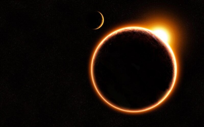 Planet During Solar Eclipse — Black, Dramatic, Night, Digital Art, Moon, Sun, Stars, Orange, Yellow