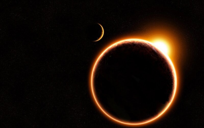 Planet During Solar Eclipse — Black, Dramatic, Night, Digital Art, Moon, Sun, Stars