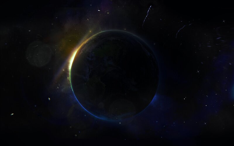 Planet Earth from Space — Black, Dramatic, Night, Digital Art, Stars, Sunlight