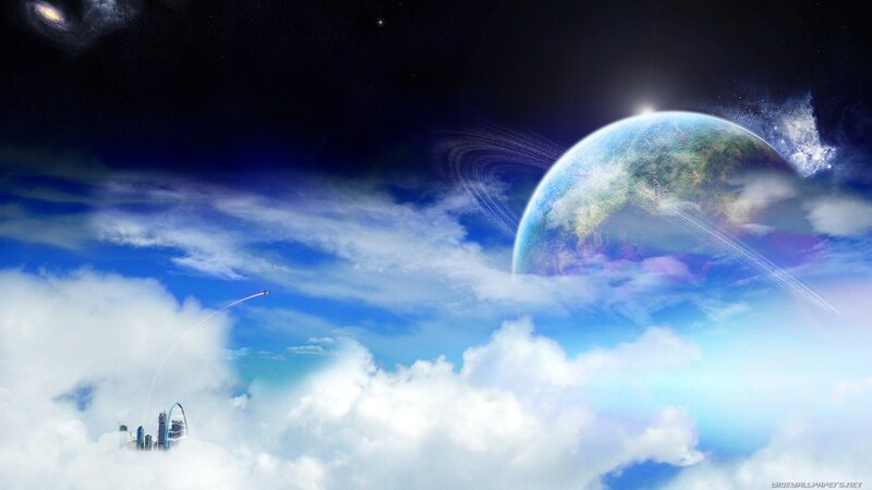 Planet Earth from Space — Blue, Dramatic, Digital Art, Clouds, City Skyline, Rocket