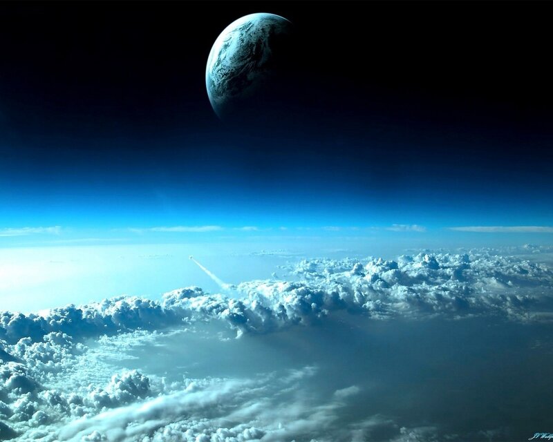 Planet Earth from Space — Blue, Dramatic, Digital Art, Clouds, Rocket, White