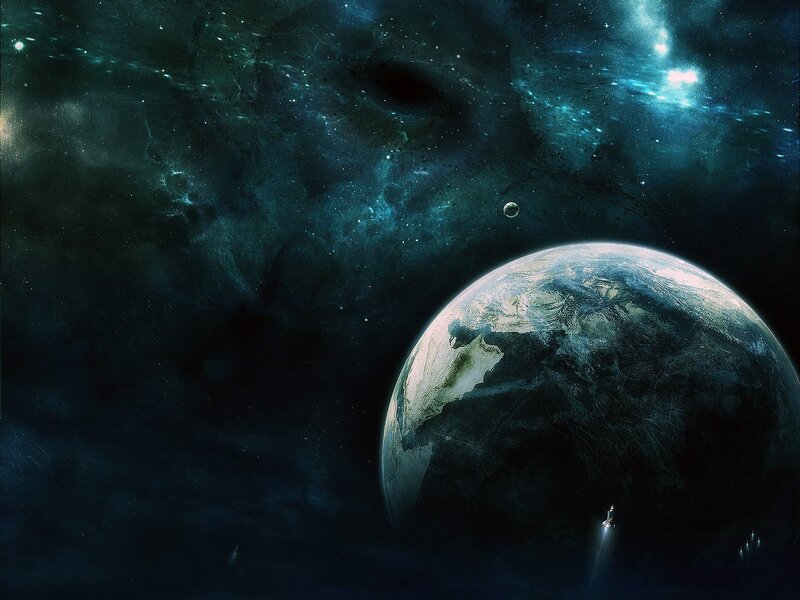 Planet Earth from Space — Blue, Dramatic, Digital Art, Moon, Spaceship