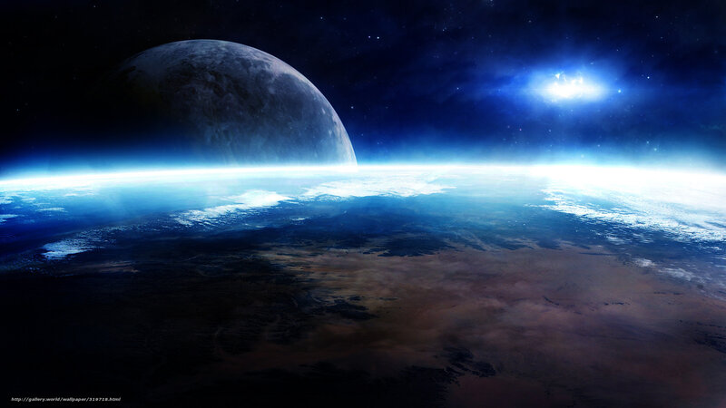 Planet Earth from Space — Blue, Dramatic, Digital Art, Moon, Stars, Sun