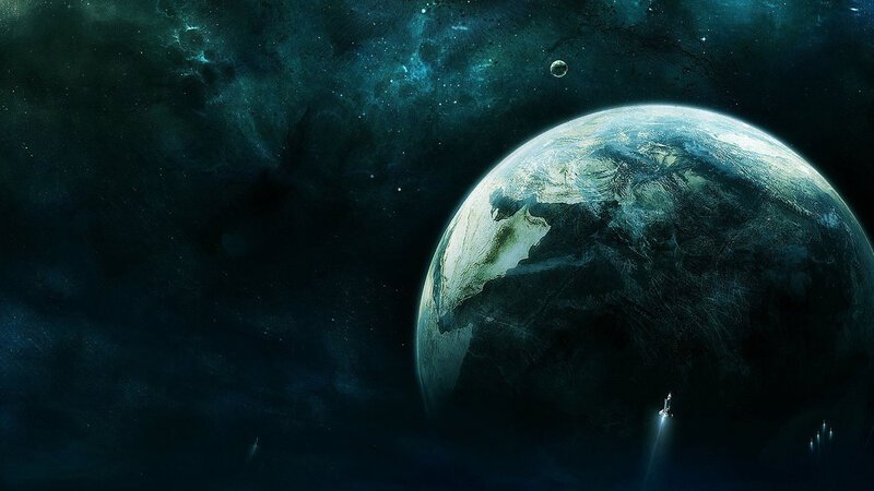 Planet Earth from Space — Blue, Dramatic, Digital Art, Stars, Moon, Spaceship