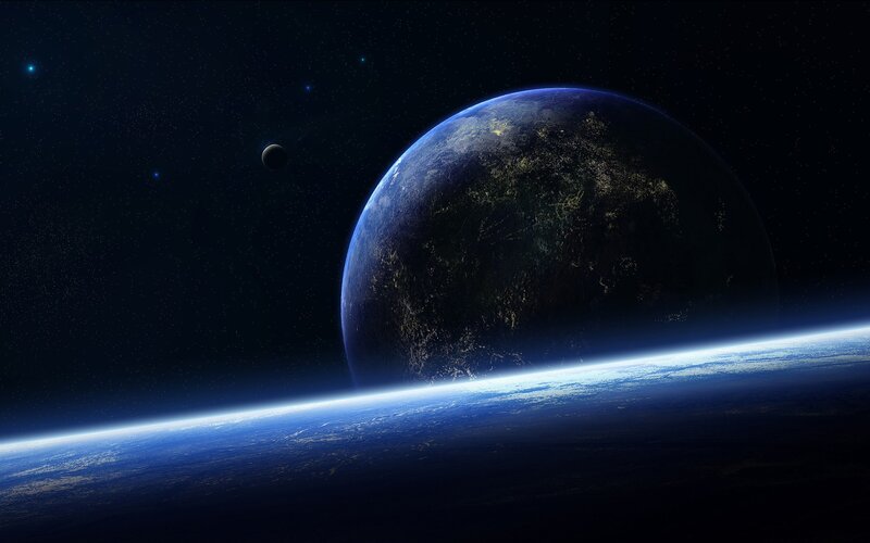 Planet Earth from Space — Blue, Dramatic, Night, Digital Art, Moon, Stars