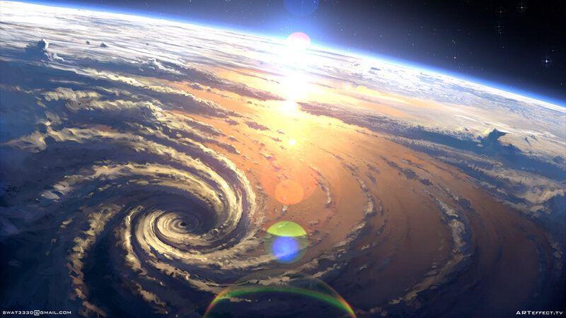 Planet Earth from Space — Blue, Dramatic, Sunset, Digital Art, Sun, Clouds