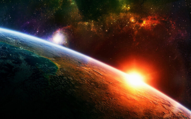 Planet Earth from Space — Blue, Dramatic, Sunset, Digital Art, Sun, Stars